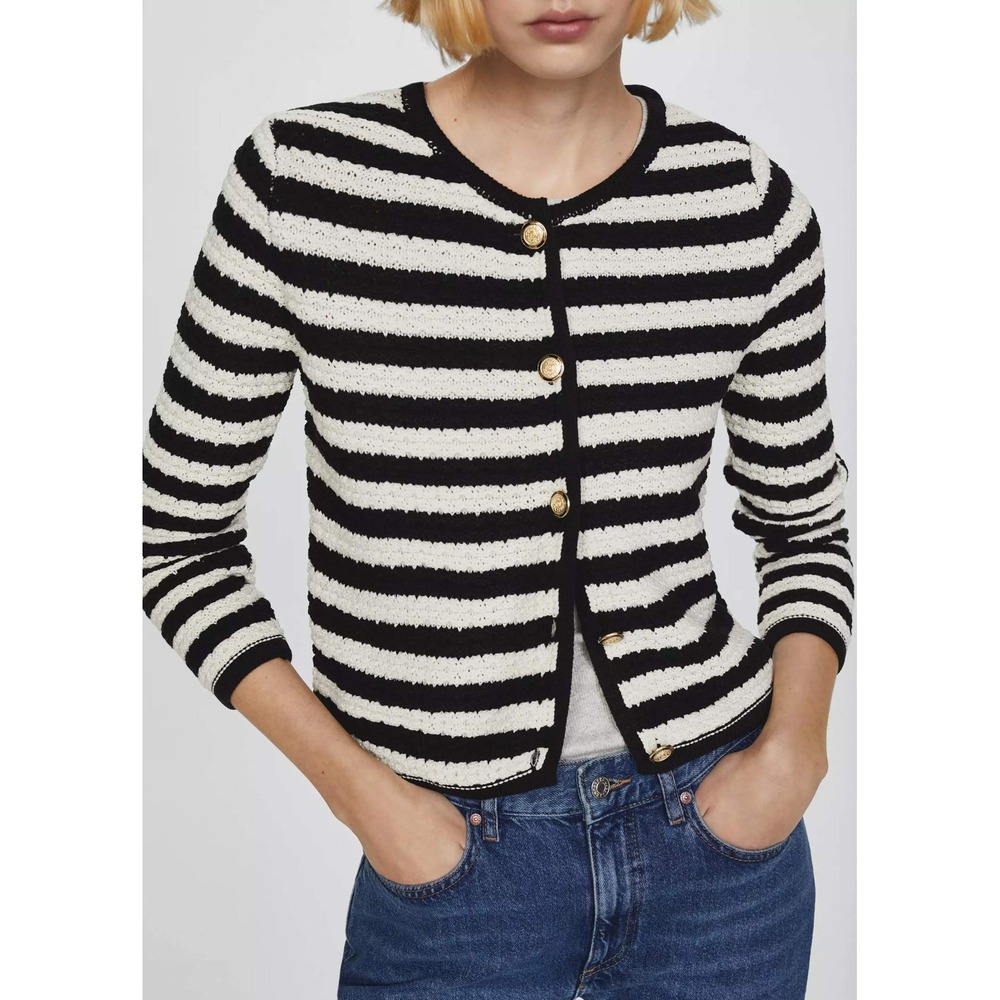 MANGO MNG Women's Jewel Buttons Striped Cardigan Size Small Fall Preppy - Picture 9 of 16